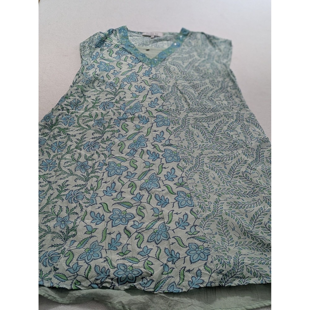 BELLA TU Women's Size XL Blue White Floral Shirtdress Tunic Dress Kaftan
